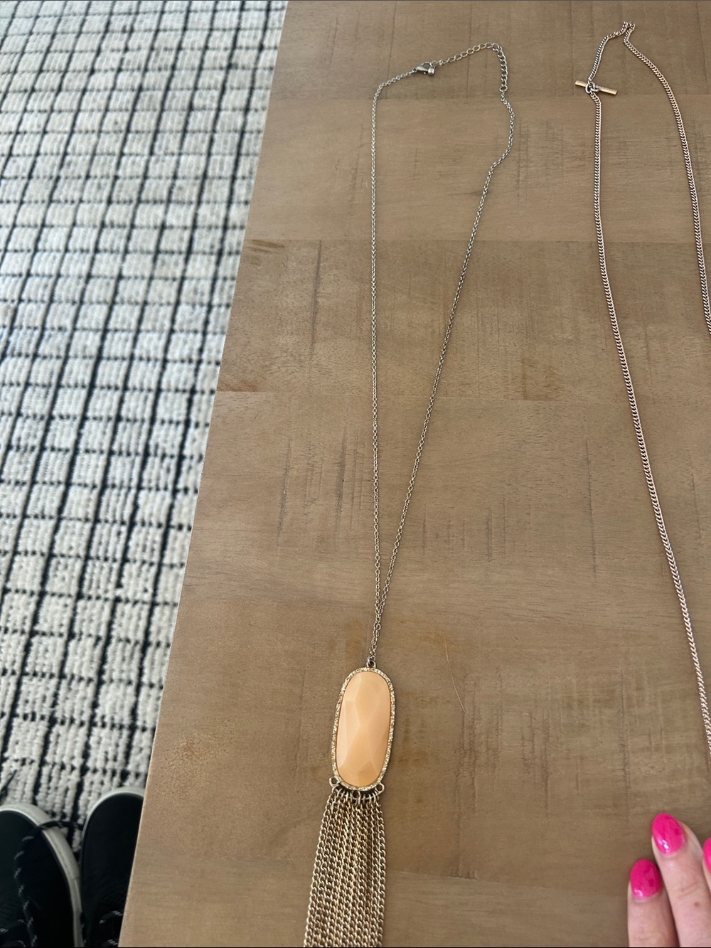 Gold Long Pendant Necklace with Peach Stone and Chain Tassel